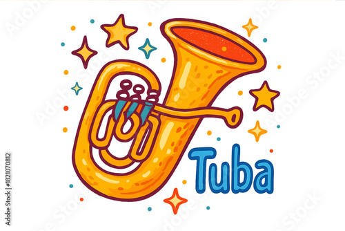 Vibrant Tuba Spectacle. Colorful doodle tuba in brass gold with floating stars and sparkles, center word “Tuba”, isolated