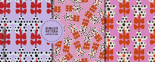 A vibrant collection of naive seamless floral patterns featuring bold polka-dot petals, textured leaves and playful abstract shapes. Perfect for fabric design, packaging, wallpapers, stationery 