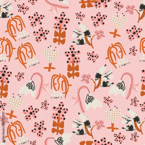 Bold naive flowers, quirky shapes, hand-drawn textures and graphic contrasts. A modern seamless floral pattern in a playful abstract style. Perfect for textile prints, stationery, packaging