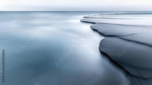 Abstract view of water gently flowing over layered sand dunes on a beach, with a soft, muted color palette and a serene, tranquil atmosphere.