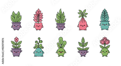 Cartoon plant characters collection vector illustration on white background