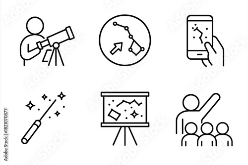 Stargazing Tour Icons. Line style icons of beginner-friendly dark sky tours: how to use telescope guide, find Big Dipper first,