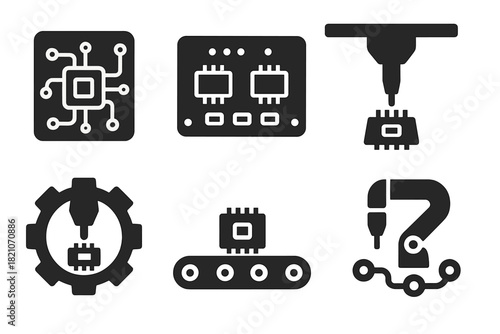 Microelectronics Icon Set. Solid style icons of micro-manufactured electronics: PCB print icon, circuit assembly tray, SMT micro