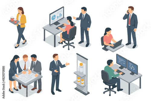 Business People Isometric Scene. Isometric vector illustration set of Business People: coworker with coffee tray, analyst at