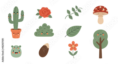 Cartoon plant collection with smiling faces for design elements