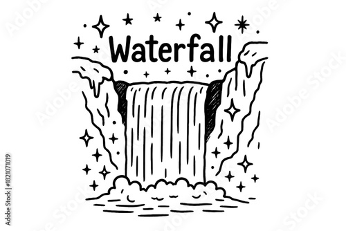 Frozen Waterfall Doodle. Doodle frozen waterfall with stars, cliffs, and sparkles, center word “Waterfall” in black and white