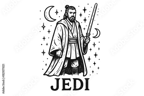 Jedi Knight Art. Hand-drawn jedi knight with moons, robes, and sparkles, center word “Jedi” in black and white isolated