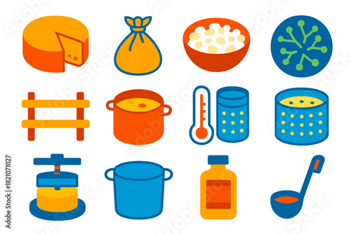 Cheese Making Icons. Flat vector icons of Artisanal Cheese Making: aging cheese wheel, cheesecloth, curds, mold culture, wooden