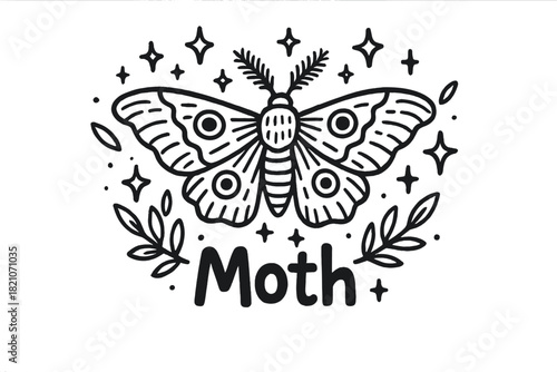 Moth Doodle Design. Doodle atlas moth with stars, sparkles, and leaves, center word “Moth” in black and white isolated transparent