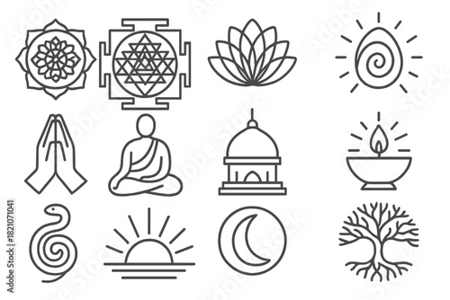 Spiritual Cosmos Icons. Line style icons of spiritual cosmos: mandala, yantra, sacred flower, cosmic egg; prayer hands, chanting