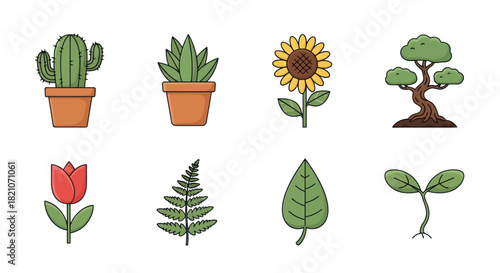 Cartoon plant illustrations cactus sunflower bonsai and various greenery