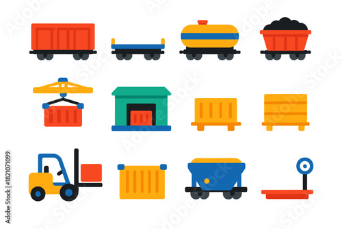 Rail Freight Icons. Flat vector icons of Rail Freight: boxcar, flatbed wagon, tanker car, coal hopper, container crane, loading