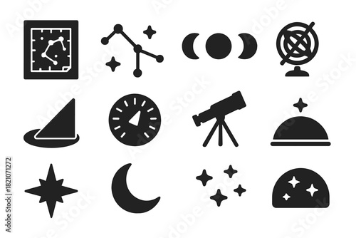 Celestial Guidance Icons. Solid style icons of Celestial Guidance: Star Chart, Constellation, Moon Phase, Armillary Sphere, Gnomon
