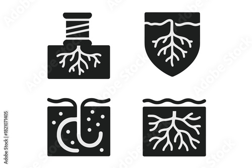 Underground Fashion Icons. Solid style icons of underground fashion roots: buried thread icon, layered root badge, tunnel-grown