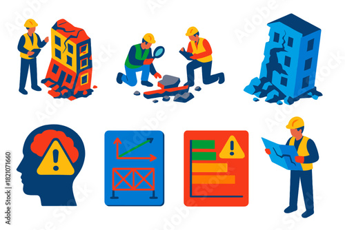 Engineering Disaster Analysis. Isometric vector illustration set Engineering disaster analysis: damaged buildings, accident