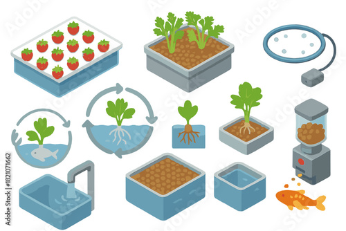 Aquaponics Systems Overview. Isometric vector illustration set of Aquaponics systems: strawberry raft unit, gravel bed basin, air