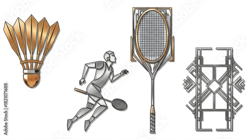 Set of badminton icons, including a shuttlecock, player, racket, and geometric design