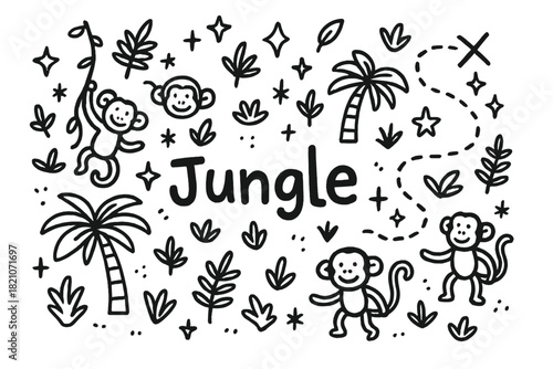 Doodle Jungle Map. Doodle jungle map with stars, monkeys, and sparkles, center word “Jungle” in black and white isolated