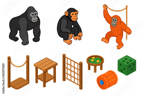 Zoo Enrichment Icons. Isometric vector illustration set Zoo animals – gorilla, chimpanzee, orangutan; rope swing, wooden platform,