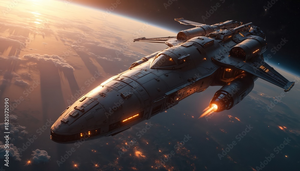 Fototapeta premium Advanced spaceship flies near planet Earth during sunset. Vehicle has bright orange engines on. Spacecraft flies in orbit above clouds. Future travel by ship.