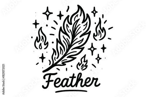 Phoenix Feather Doodle. Doodle phoenix feather with stars, flames, and sparkles, center word “Feather” in black and white isolated