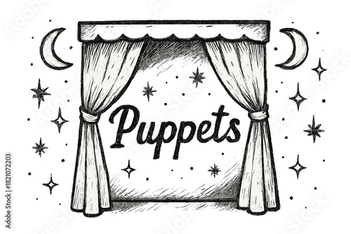 Magical Puppet Theater. Hand-drawn puppet theater with moons, curtains, and sparkles, center word “Puppets” in black and white