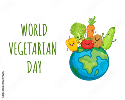 World Vegetarian Day. Happy cute vegetables. Zucchini, potato, pepper, Chinese cabbage, carrot and tomato. Healthy food concept. Vector illustration