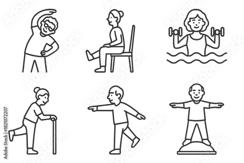 Elderly Exercise Icons. Line style icons of exercise and mobility for elderly: stretching pose, chair yoga, water aerobics,