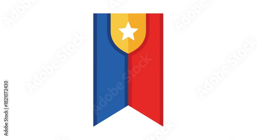 Bookmark ribbon icon with blue and red vertical stripe and star