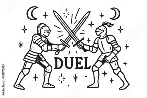 Knight Duel Art. Hand-drawn knight duel with moons, swords, and sparkles, center word “Duel” in black and white isolated