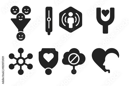 Empathic Modulation Icons. Solid style icons of empathic modulation: emotion filters, feeling wave controllers, aura balance chips