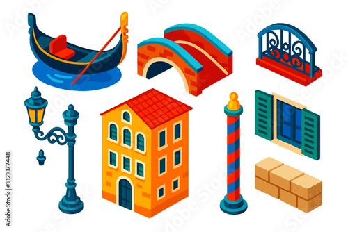 Venetian Icons Collection. Isometric vector illustration set Cultural heritage – Venetian gondola, canal bridge, pastel building