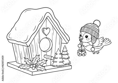 Charming Winter Bird and Cozy Birdhouse Coloring Pages Festive Holiday Season Activity