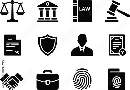 Law and justice icons – legal, court, protection, and identity symbols for professional use