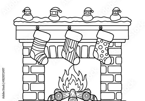 Festive Christmas Fireplace with Stockings Line Art Drawing for Holiday Coloring Pages Activities