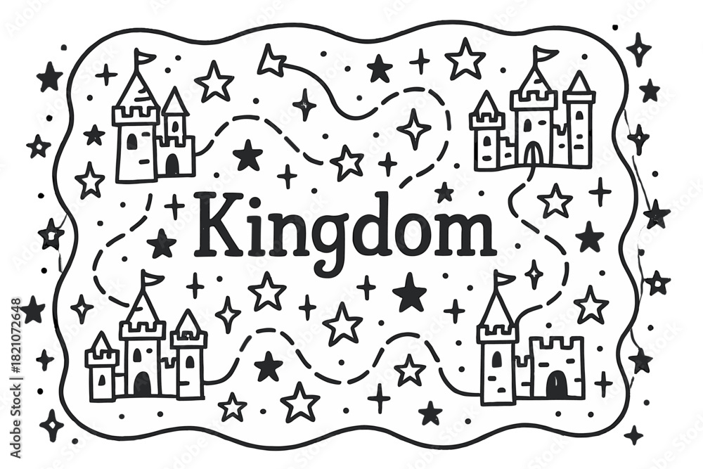 Fototapeta premium Doodle Kingdom Map. Doodle kingdom map with stars, castles, and sparkles, center word “Kingdom” in black and white isolated