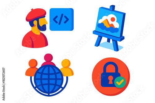 Creative Future Icons. Isometric vector illustration set Future of Creative Work: Artist avatar beside code icon, cloud-rendered