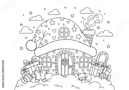 Enchanting holiday village house coloring pages for children, featuring delightful winter gifts and festive treats