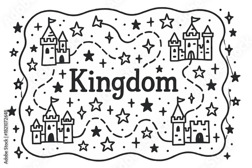 Doodle Kingdom Map. Doodle kingdom map with stars, castles, and sparkles, center word “Kingdom” in black and white isolated