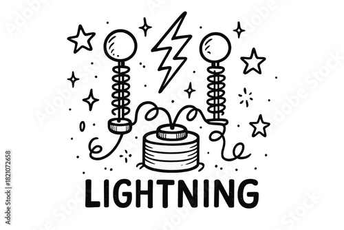 Doodle Lightning Machine. Doodle lightning machine with stars, wires, and sparkles, center word “Lightning” in black and white
