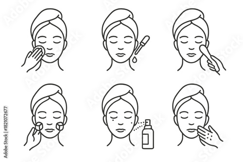 Cryo Facial Steps Icons. Line style icons of cryo facial treatment steps: cleansing the face, applying cryo serum, passing cold