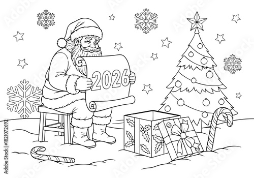 Festive Santa Claus checking his long list for 2026, a delightful Christmas coloring page for kids and adults to enjoy holiday cheer and creative fun