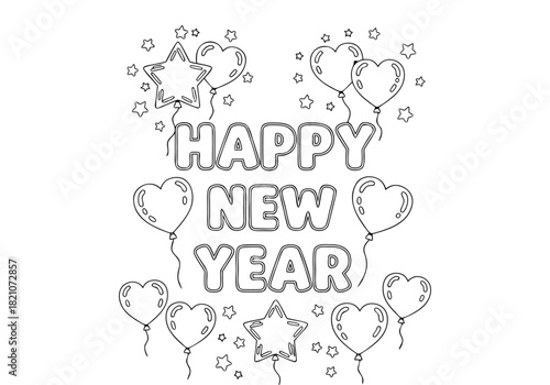 Joyful Happy New Year celebration coloring pages for creative festive activities with balloons and stars
