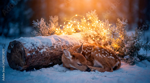 Sleeping fawn curled beside snowy log with warm Christmas lights. Use for wildlife holiday cards, winter nature promotions, seasonal storytelling and peaceful Christmas branding.