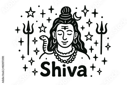 Shiva Doodle Art. Doodle shiva with stars, tridents, and sparkles, center word “Shiva” in black and white isolated transparent