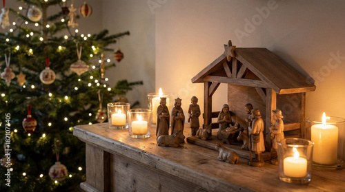 Wooden nativity set on mantle surrounded by glowing candles and Christmas tree lights. Use for faith based marketing, church materials, inspirational holiday cards and religious seasonal promotions.
