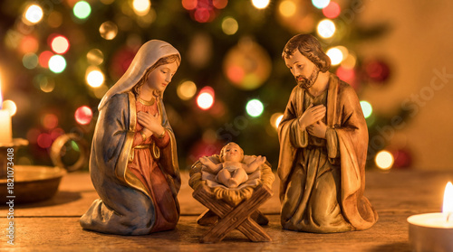 Warm close up of nativity figurines with baby Jesus in front of glowing Christmas tree. Use for religious greeting cards, faith based messaging, inspirational holiday branding and seasonal devotionals