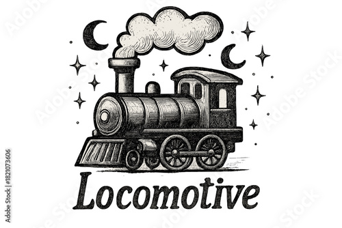Whimsical Locomotive Design. Hand-drawn locomotive with moons, smoke, and sparkles, center word “Locomotive” in black and white