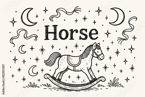 Rocking Horse Wonderland. Hand-drawn rocking horse park with moons, ribbons, and sparkles, center word “Horse” in black and white