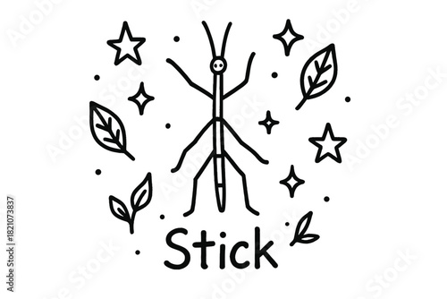 Stick Insect Doodle. Doodle stick insect with stars, leaves, and sparkles, center word “Stick” in black and white isolated